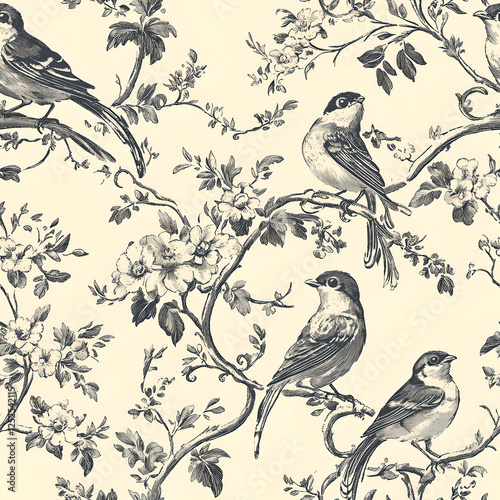 Elegant Monochrome Bird Pattern on Cream Background