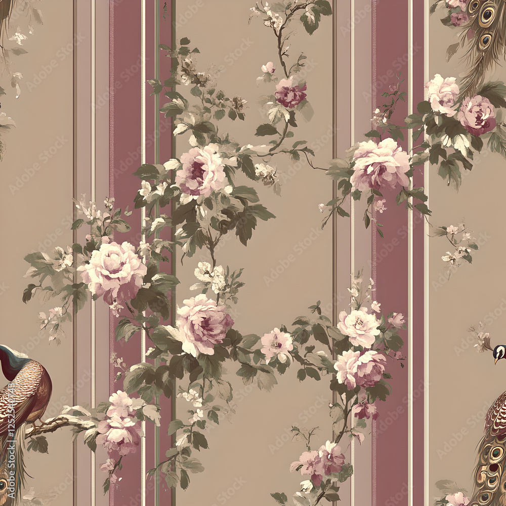 Obraz premium Vintage Floral Wallpaper Pattern with Burgundy Stripes