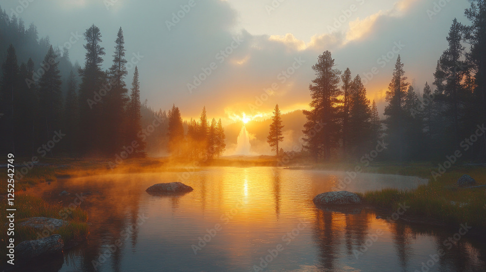 Fototapeta premium American landmarks highlighting Yellowstone National Park Old Faithful geyser erupting