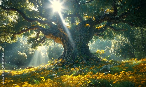 Majestic ancient tree surrounded by vibrant flowers in a sunlit forest clearing