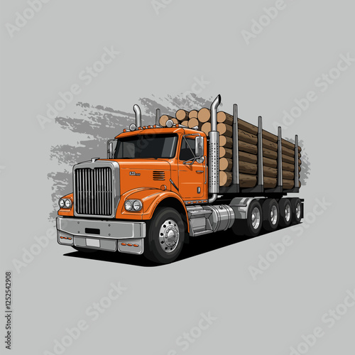 Orange Logging Truck with Full Load Isolated on Gray Background Graphic