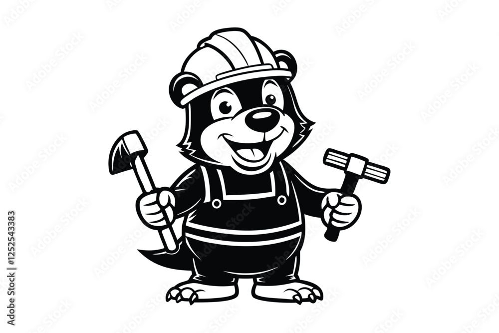 Cartoon vector art illustration of a happy bear wearing a construction helmet and holding a hammer