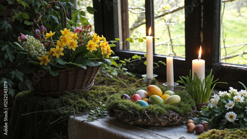 Ostara altar with flowers, candles, and decorated eggs in natural setting
