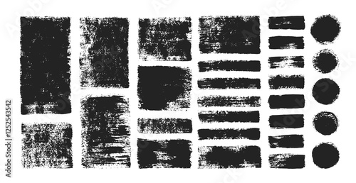 Text boxes, frames and round brush strokes with grungy organic textures. Rough circle and rectangle painted by dry brush. Vector illustration.