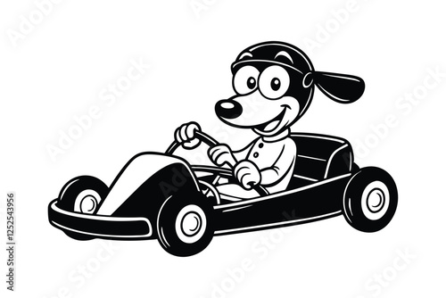 Cartoon vector art illustration of a cheerful, anthropomorphic dog with floppy ears, wearing a racing helmet and driving a go-kart