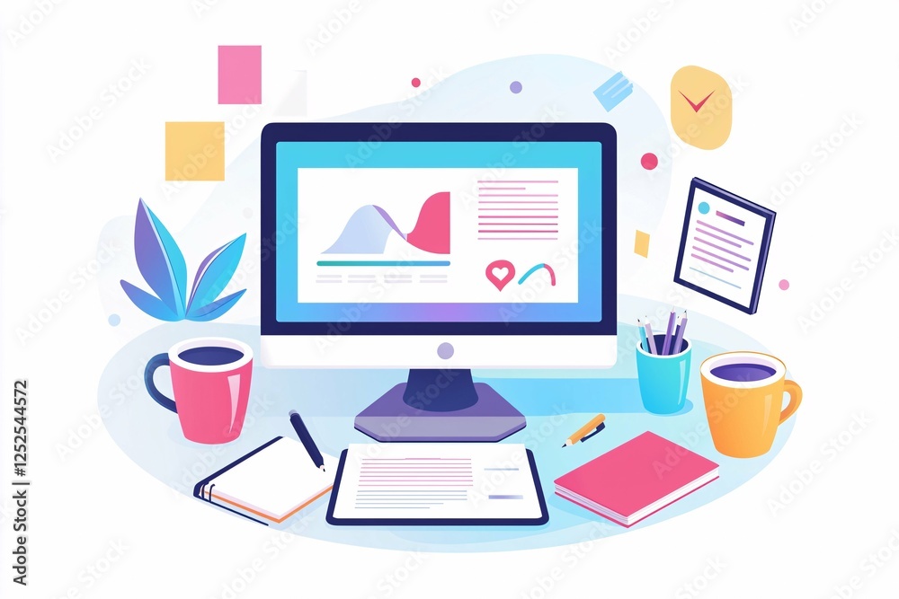 A contemporary workspace features a computer showcasing captivating e-learning content, complemented by notebooks, coffee cups, and charts that highlight creativity and digital efficiency. A contemporary workspace features a computer showcasing captivating e-learning content, complemented by notebooks, coffee cups, and charts that highlight creativity and digital efficiency.