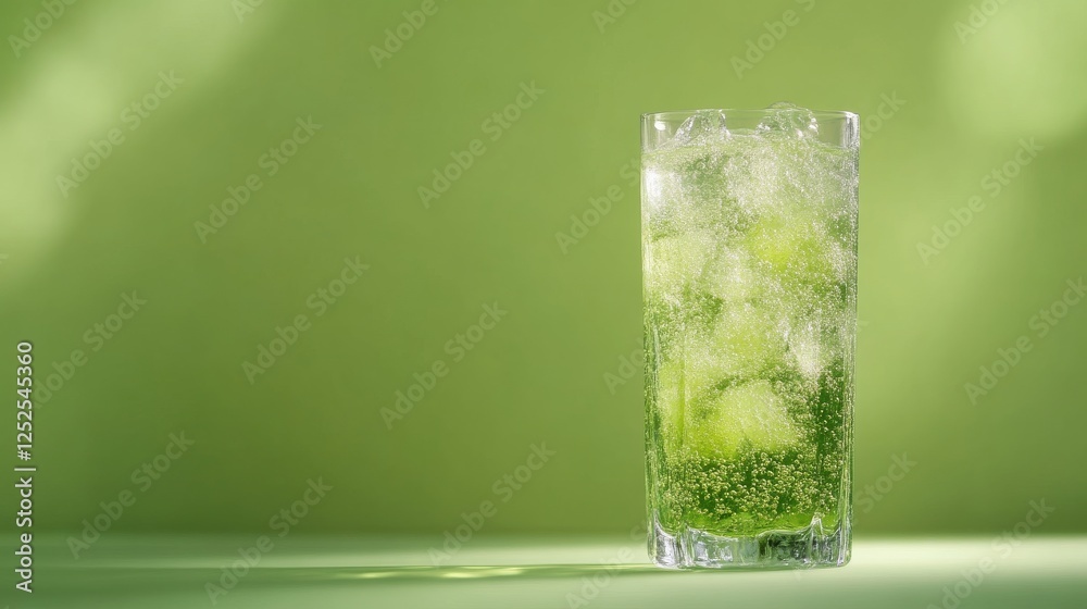 refreshing green soda with ice cubes in a clear glass on a green background, freshness and summer refreshment concept refreshing green soda with ice cubes in a clear glass on a green background, freshness and summer refreshment concept
