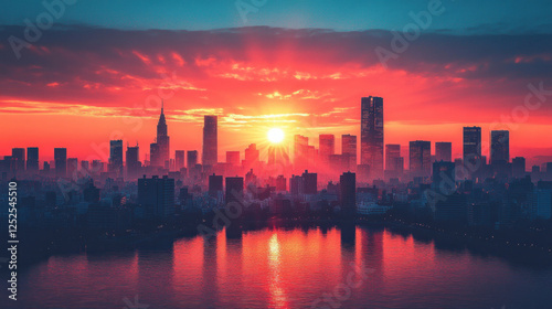 Building background featuring silhouettes of iconic skyscrapers during a vivid sunrise