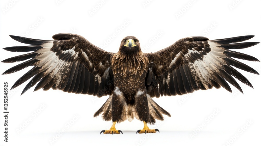 Fototapeta premium Golden eagle standing with its wings slightly open on a white backdrop