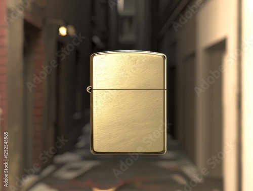 Golden lighter floating in urban alley 3d modern environment perspective on minimalism photo