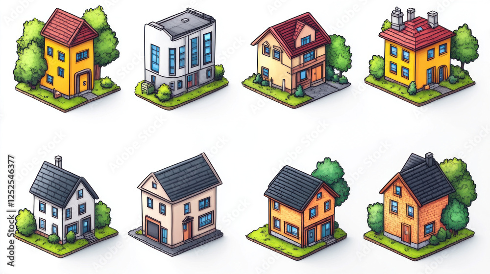 Naklejka premium Building icons featuring creative, hand-drawn styles for casual and artistic designs