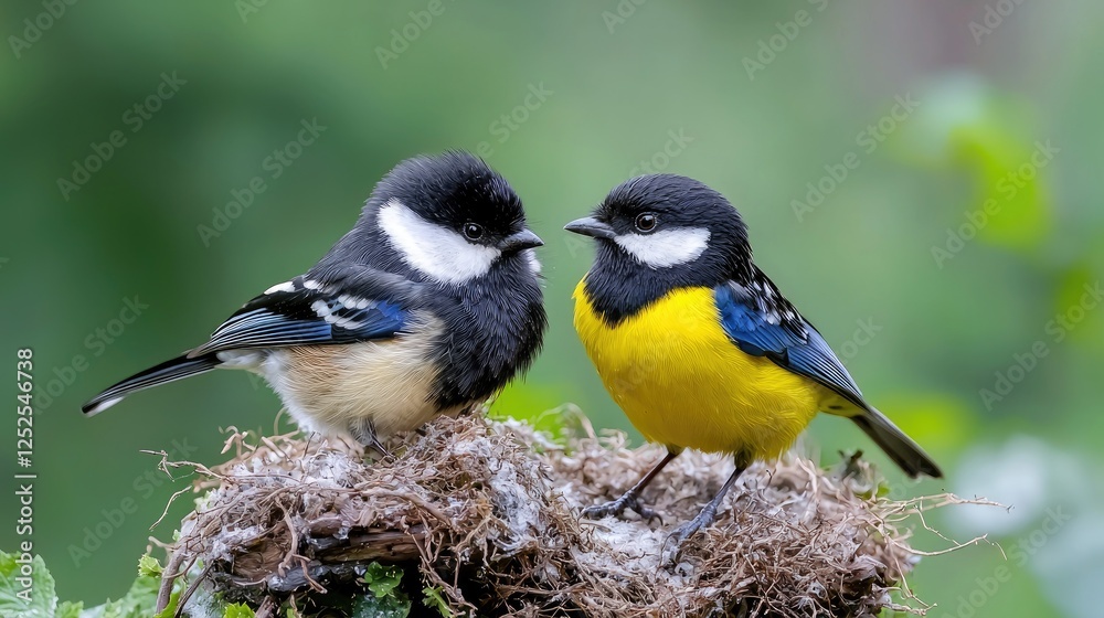 Obraz premium Two colorful birds on a nest in nature, close-up. Possible use Nature photography, wildlife, birds