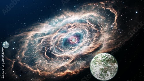 Beautiful crab nebula in the deep space with white planets, sci-fi space	

