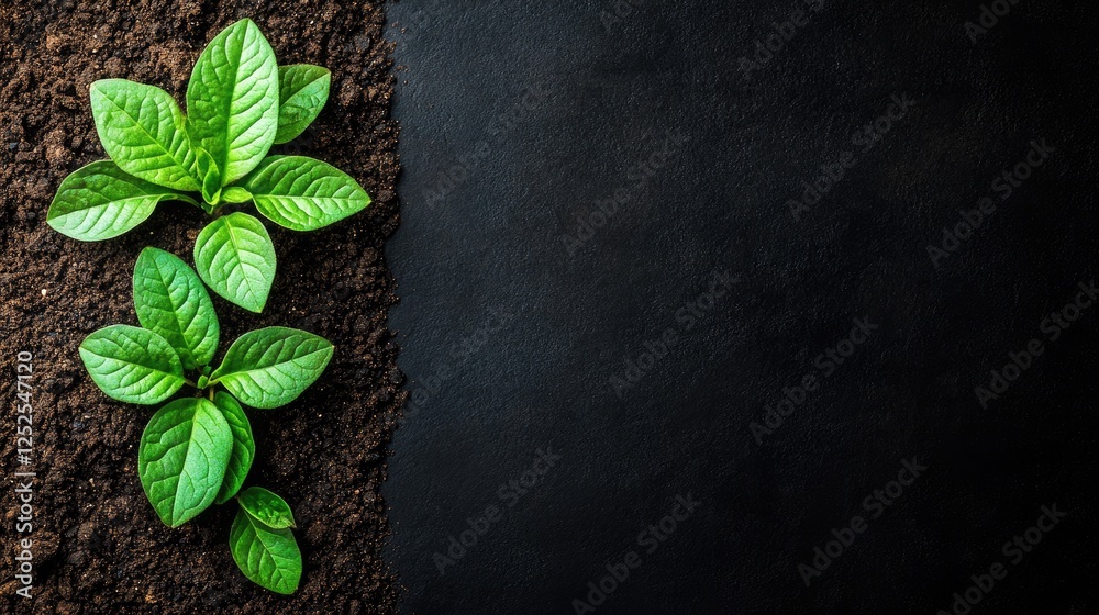 Naklejka premium A new plant with tender green leaves in rich soil, symbolizing growth in spring, set on the left with ample black copy space on the right side.