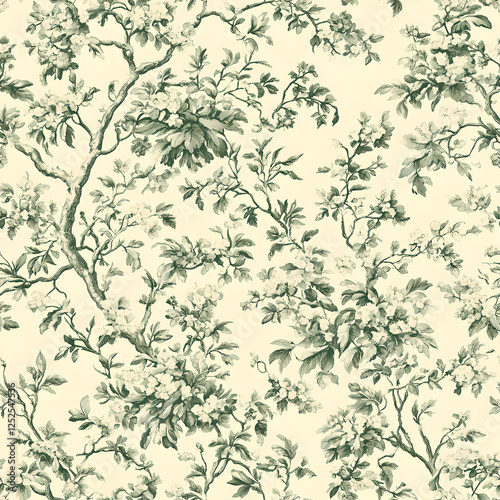 Dark Green Foliage Pattern On Cream Background