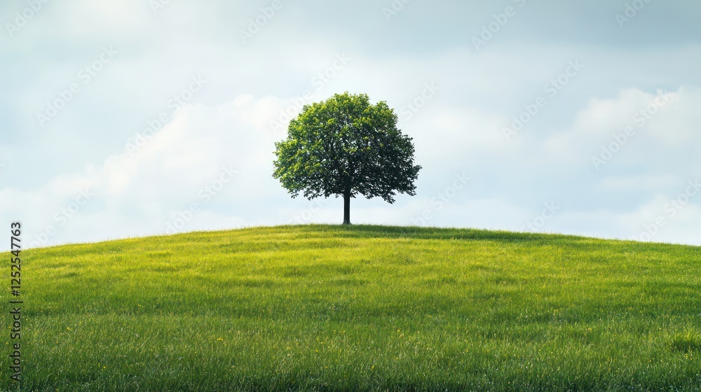 Lone tree on grassy hill, peaceful sky; nature background, serenity Lone tree on grassy hill, peaceful sky; nature background, serenity