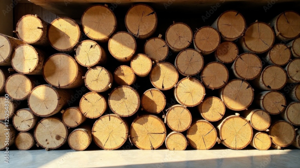 A wall of sun-drenched round wood logs, stacked high and neatly arranged, creates a captivating textural display of natural beauty. A wall of sun-drenched round wood logs, stacked high and neatly arranged, creates a captivating textural display of natural beauty.