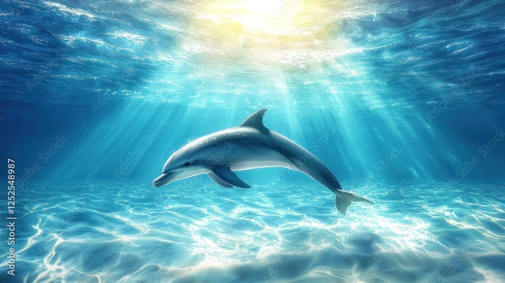 Fototapeta premium Dolphin playing in the ocean with the sun shining