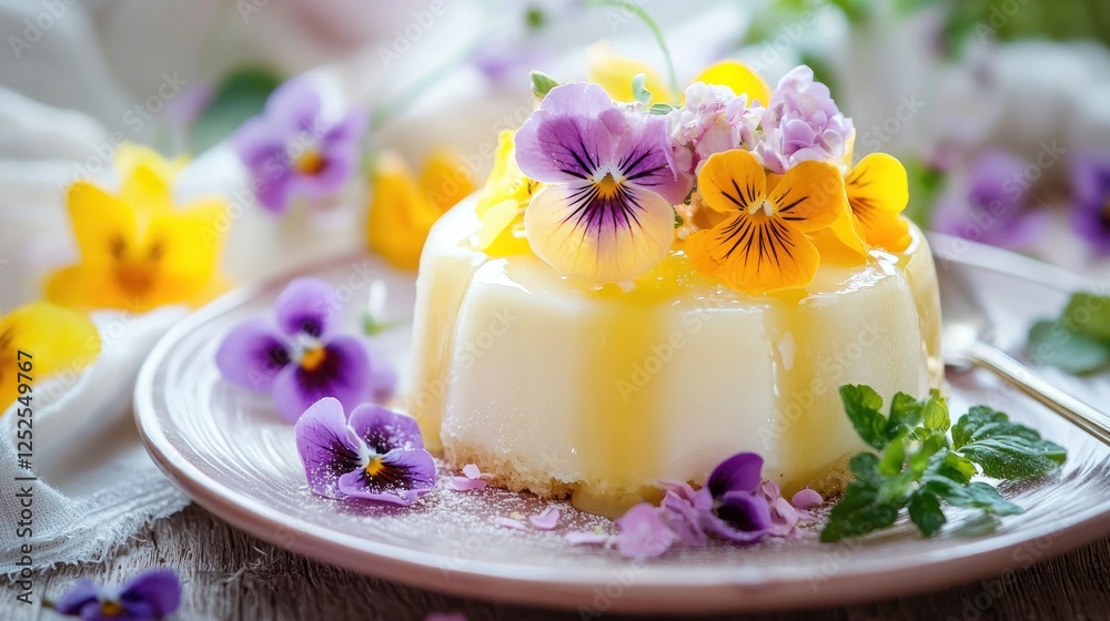 Elegant plated dessert with delicate garnishes and edible flowers. Elegant plated dessert with delicate garnishes and edible flowers.