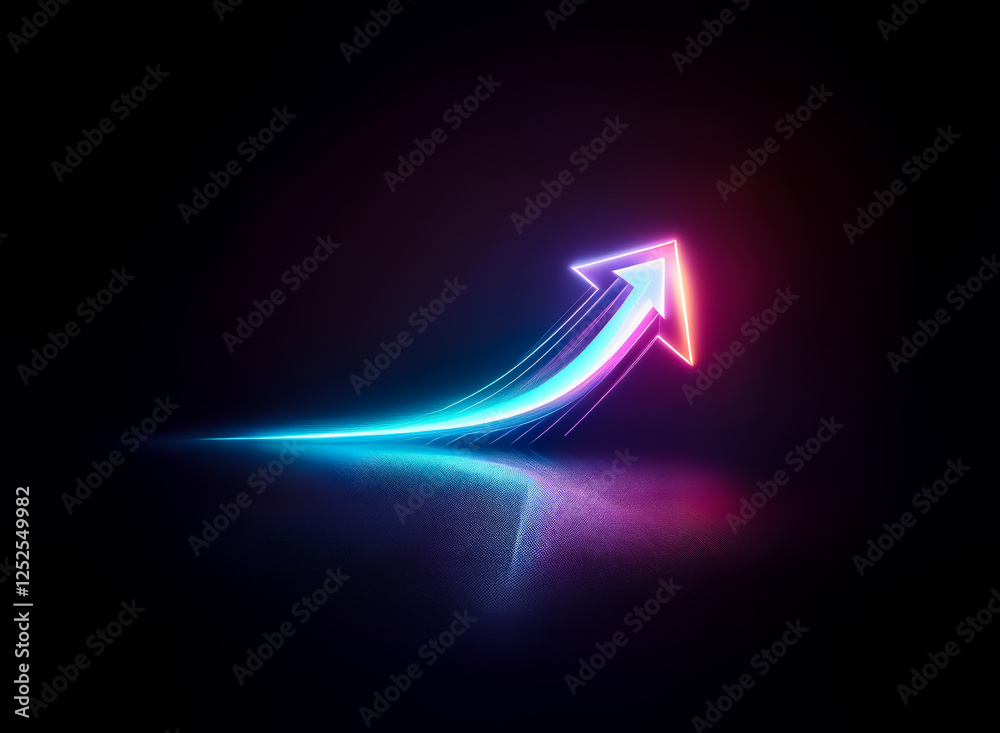 Vibrant neon arrow in pink and blue hues ascends on a dark backdrop. Symbolizing upward direction, progress, and a bright, illuminated path. Vibrant neon arrow in pink and blue hues ascends on a dark backdrop. Symbolizing upward direction, progress, and a bright, illuminated path.