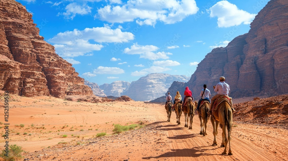 Tourists riding camels across a vast desert landscape. Tourists riding camels across a vast desert landscape.