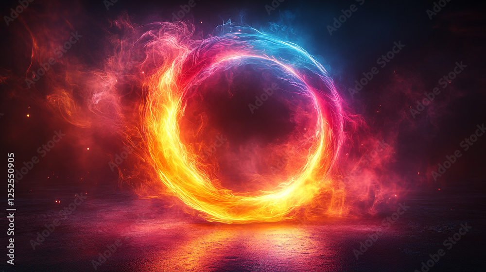 Fototapeta premium Fiery Abstract Ring Energy Background Digital Art Design Graphic hot red fire blue dark neon flame 