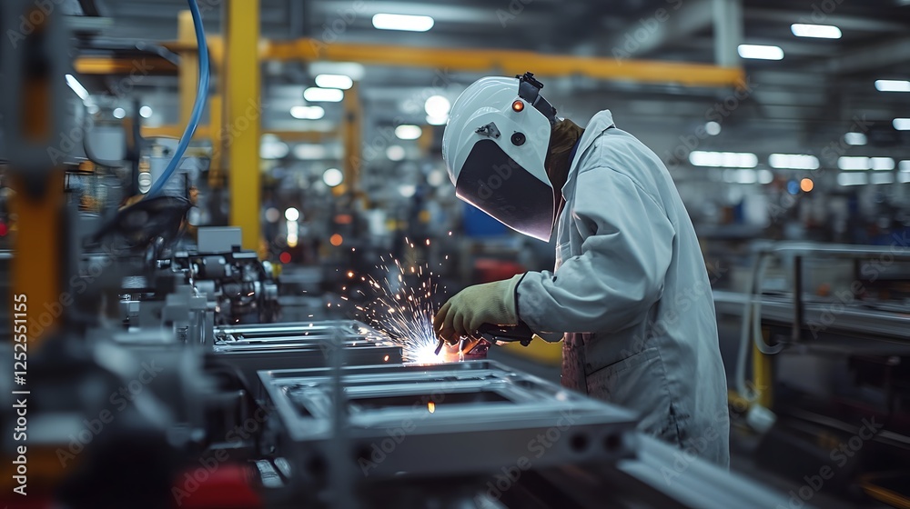 Obraz premium Welder cutting steel in an industrial factory with safety equipment and sparks flying during metal work