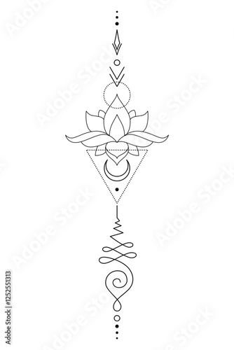 Mystic Lotus Sacred Geometry Unalome Boho Tattoo Design. Vector isolated buddhist line hand drawn symbol