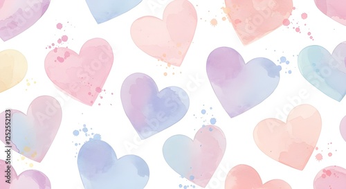 Una colección de ensueño de corazones pintados con acuarela en tonos pastel, que se mezclan suavemente en un lienzo blanco con toques de texturas artísticas.