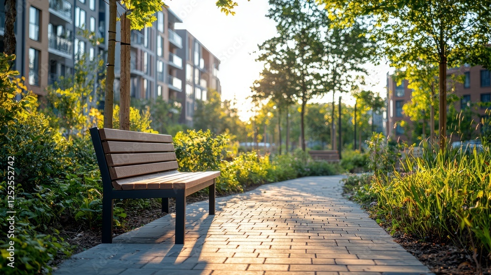 Serene Park Path with Bench at Sunset Serene Park Path with Bench at Sunset