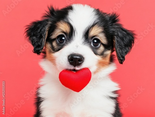 A cute puppy holding a red heart-shaped toy against a vibrant background, radiating love and joy. photo