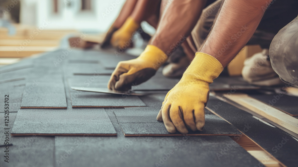 Skilled workers installing roof shingles with precision and care. Skilled workers installing roof shingles with precision and care.