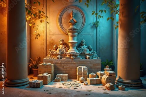 Statue of man is surrounded by many gifts and tree