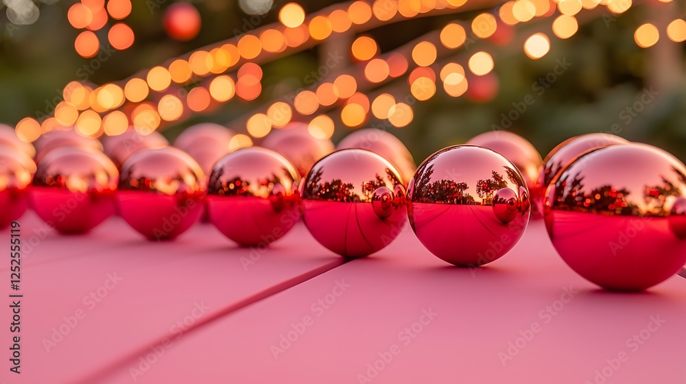 Red Christmas Ornaments on Pink Surface with Bokeh Lights Red Christmas Ornaments on Pink Surface with Bokeh Lights