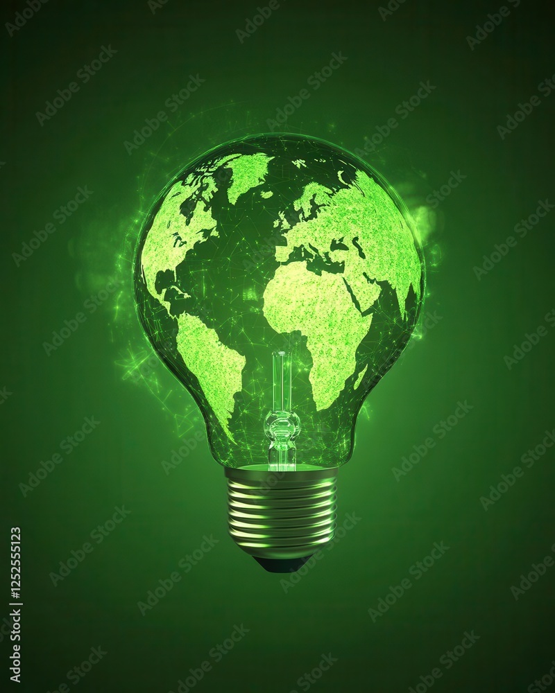 Renewable Energy Concept with Green World Map on Light Bulb Renewable Energy Concept with Green World Map on Light Bulb