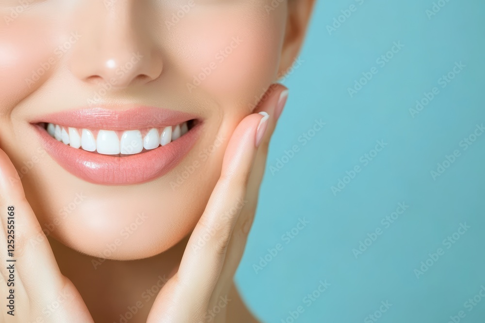 A close-up of a smiling woman showcasing bright white teeth against a soft blue background, emphasizing dental health and beauty. A close-up of a smiling woman showcasing bright white teeth against a soft blue background, emphasizing dental health and beauty.