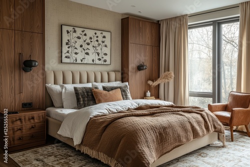 A cozy, modern bedroom featuring a plush bed, warm neutral tones, and stylish decor, enhanced by natural light from large windows.