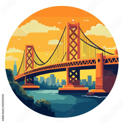 Scenic suspension bridge with city skyline at sunset in vector style