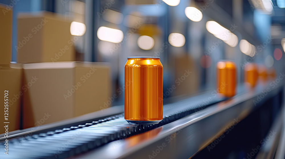 Fototapeta premium Golden Cans on Production Line in Factory with Droplets of Water