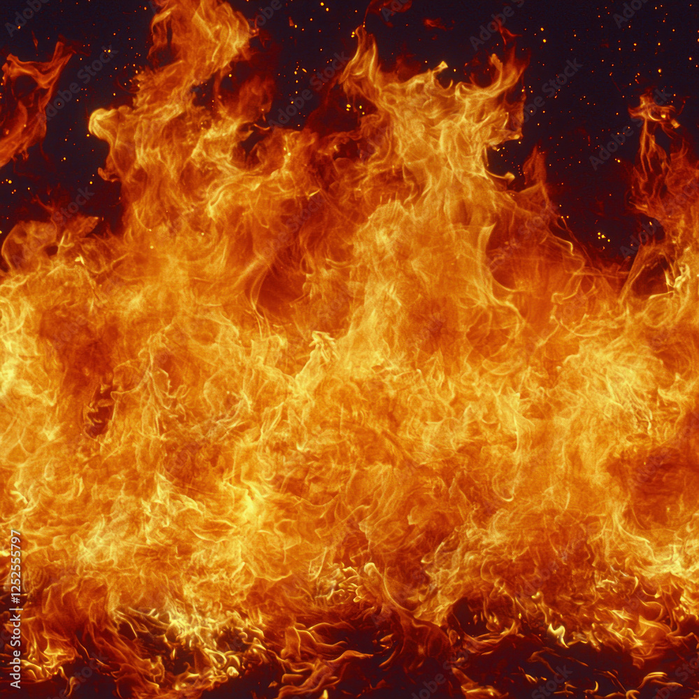Fototapeta premium Intense flames engulfing dark background, suitable for danger or heat concepts