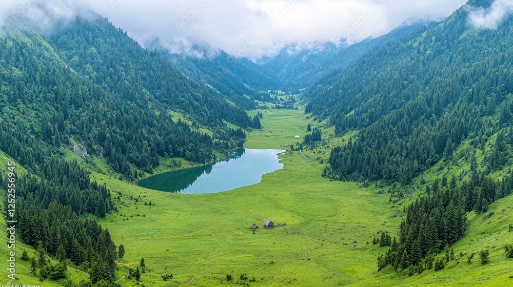 Obraz premium Alpine lake valley summer scenic landscape, aerial view