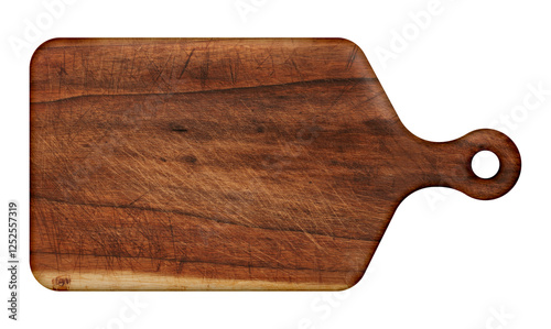 Rustic wooden cutting board with handle, isolated on white background. A well-worn kitchen accessory with knife marks and patina, ideal for food photography and culinary themes.