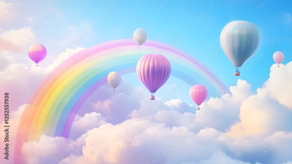 Fototapeta premium Rainbow Hot Air Balloons: Pastel-colored hot air balloons drift serenely amidst fluffy clouds, a vibrant rainbow arching across the dreamy sky, creating a whimsical and enchanting scene.