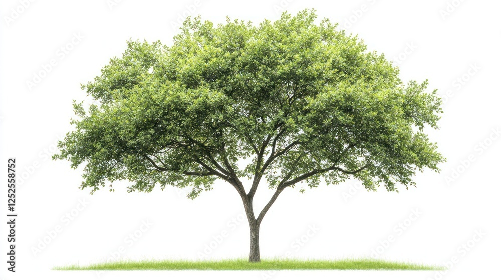 Fototapeta premium Lush green tree, spring foliage, isolated, white background, nature
