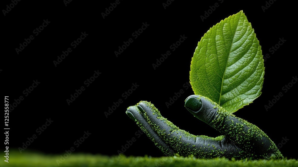 Obraz premium Green hands hold a leaf, eco-friendly concept
