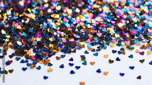 Heartfelt Glitter: A sparkling cascade of multi-colored heart-shaped glitter, each tiny piece reflecting light, creating a captivating display of vibrant hues and textures.