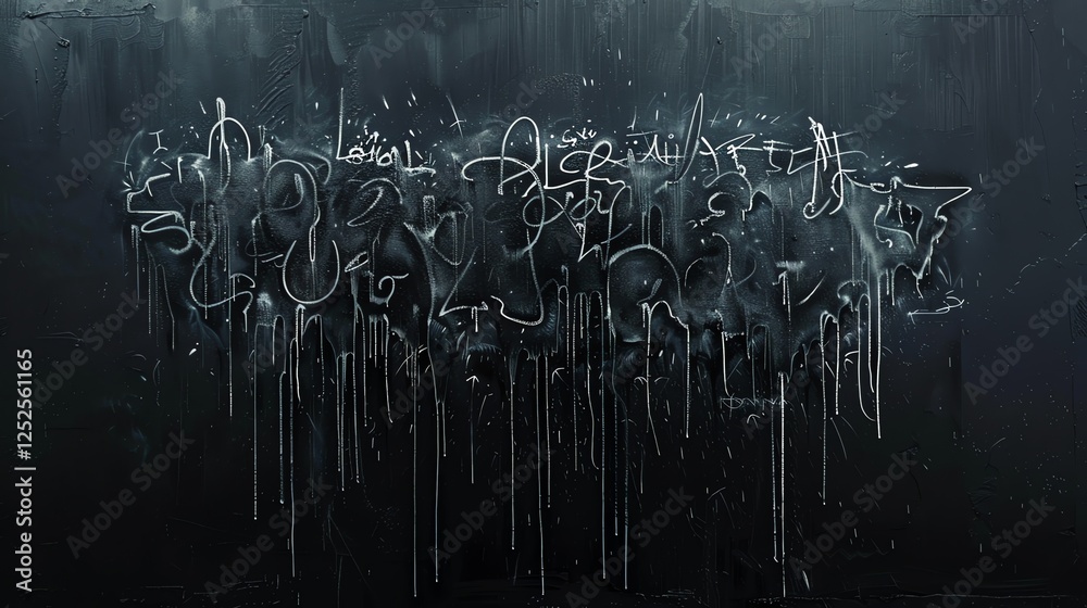 Fototapeta premium A dark, textured background with streaks of white paint dripping down a black wall.