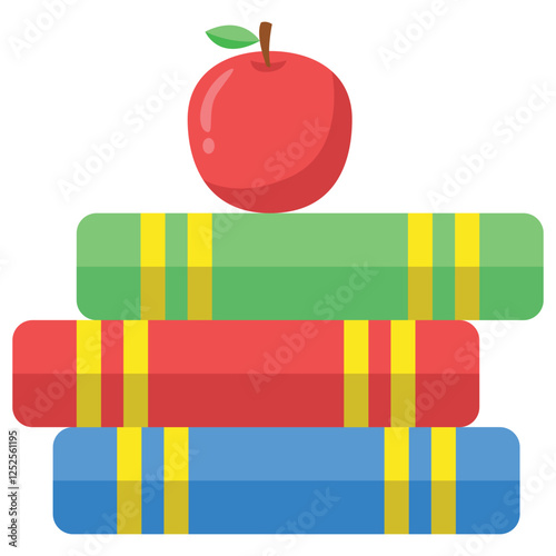 Red apple on stack of books. Perfect for educational materials, school posters, and foodrelated designs needing a pop of color.