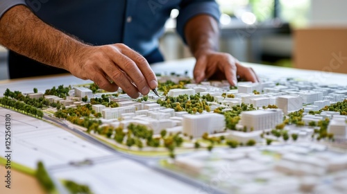 A detailed shot of an urban planner reviewing blueprints for a sustainable city development project, Urban planning scene, Sustainable urbanism style