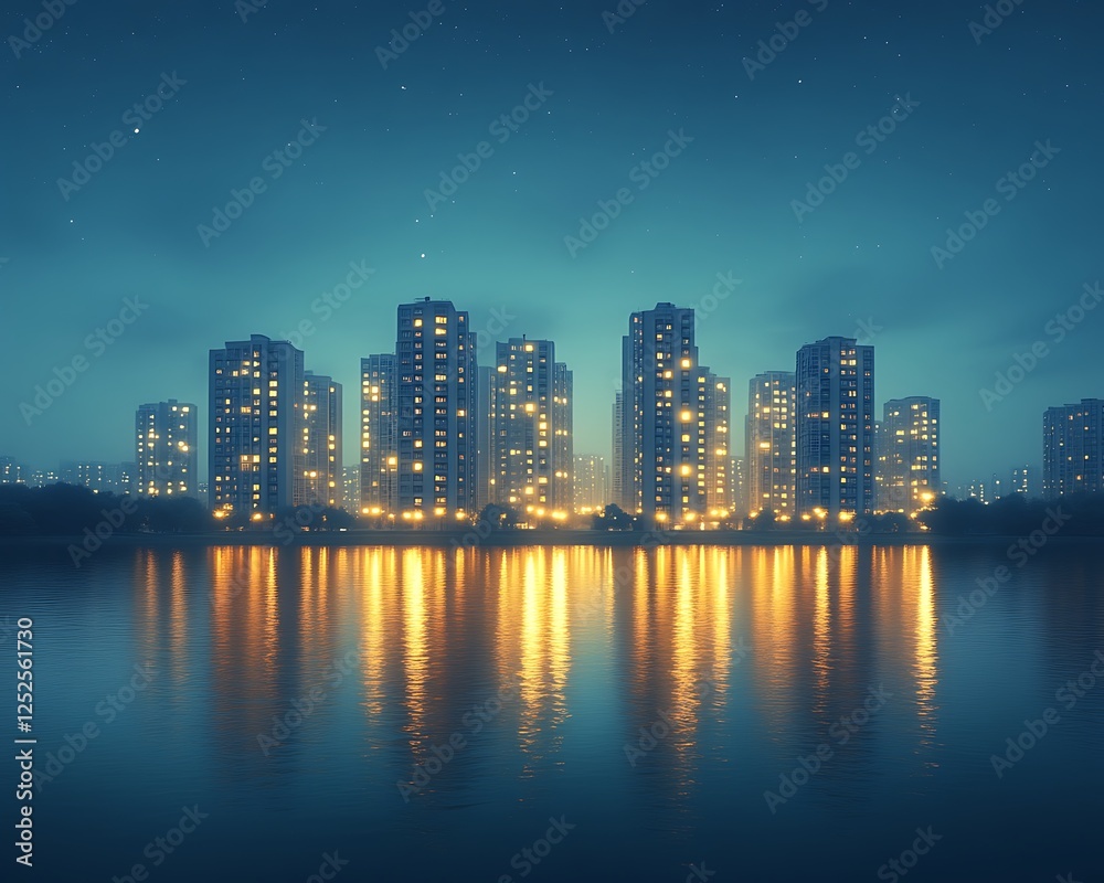 Fototapeta premium Night cityscape reflected in calm water. (2)
